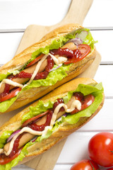 hot dog on a wooden table