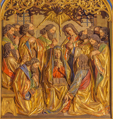 BERLIN, GERMANY, FEBRUARY - 16, 2017: The carved relief Pentecost on the main altar of Dominicans...
