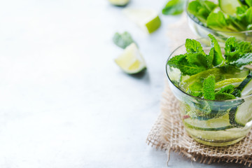 Cucumber lime mint fresh infused water detox drink cocktail lemonade