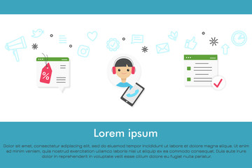Customer support banner concept with infographics elements.