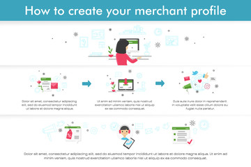 Infographic about how to create merchant profile. Flat line design.