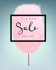 Blue cotton candy. Realistic sugar cloud with striped stick. Vector isolated object illustration. - 143164263