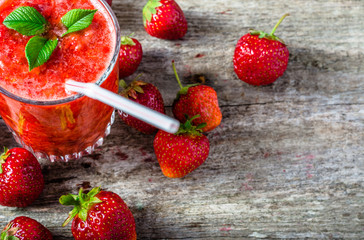 Fresh strawberry smoothie, summer drink, healthy antioxidant juice from fresh berry fruits