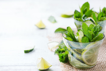 Cucumber lime mint fresh infused water detox drink cocktail lemonade
