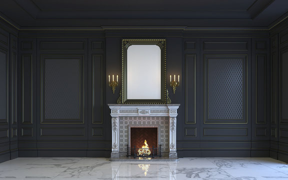 A classic interior is in dark tones with fireplace. 3d rendering.