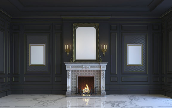 A classic interior is in dark tones with fireplace. 3d rendering.