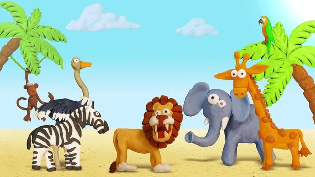Ocean, Beach Sand. Plasticine Giraffe, Monkey, Lion, Zebra, Parrot, Ostrich, Elephant. Background for summer design. Clay animation. 4K