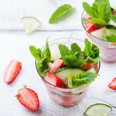 Cucumber strawberry mint fresh infused water detox drink cocktail lemonade