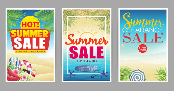 Summer Sale Poster with Colorful and Creative Beach Background Vector Illustration
