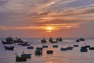 Vietnamese fishing village, Mui Ne, Vietnam, Southeast Asia. Landscape with sea and traditional colorful fishing boats