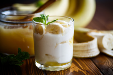 fresh homemade yogurt with bananas and honey