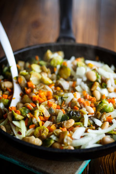 Brussels sprouts roasted with vegetables and beans