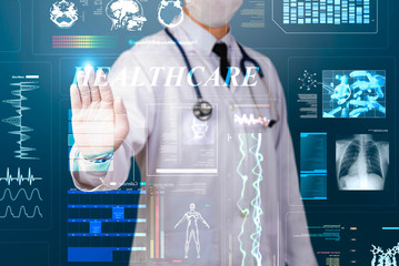 Fototapeta na wymiar doctor working with transparency healthcare screen