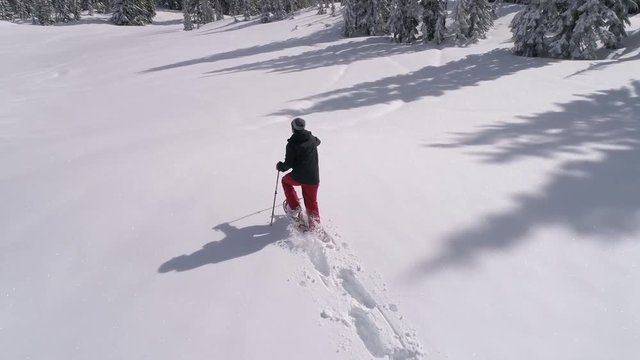 Epic Drone Shot of Exploring Backcountry Snowshoeing in Deep Powder Snow at 60P 4K