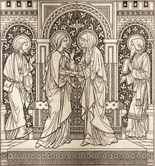 Fototapeta na wymiar BRATISLAVA, SLOVAKIA, NOVEMBER - 21, 2016: The lithography of The Visitation in Missale Romanum by unknown artist with the initials F.M.S (1885) and printed by Typis Friderici Pustet.