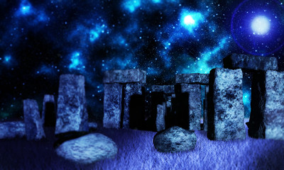 Fantasy render of Celtic druid bathing in sunrays shining through standing stones at Stonehenge 3d...