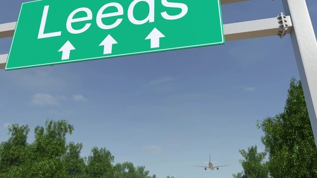 Airplane arriving to Leeds airport. Travelling to United Kingdom conceptual 4K animation