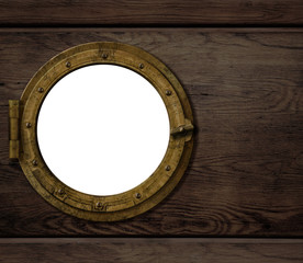 old ship or boat porthole on wooden wall
