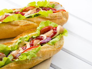 hot dog on a wooden table