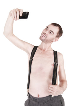 Funny naked man taking selfie isolated