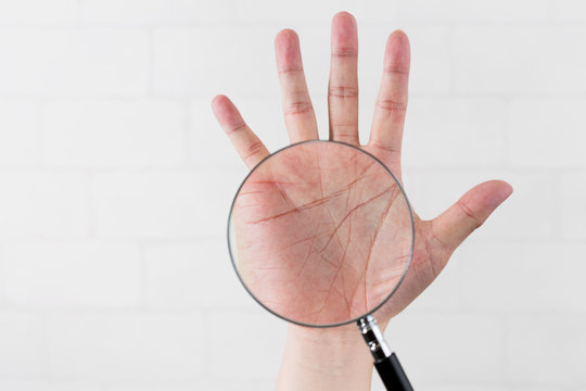 虫めがね / 男性の手相クローズアップ