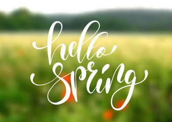 Hello spring handwriting lettering design on blurry blossom field landscape.