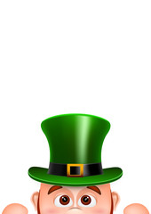 Cartoon Leprechaun in a green hat. Card for Saint Patricks Day. 