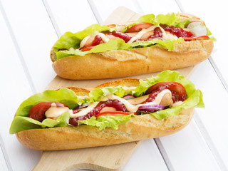 hot dog on a wooden table