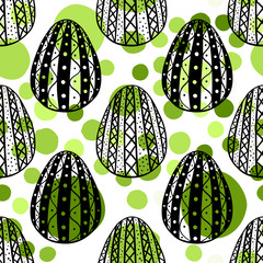 Seamless pattern with hand drawn ornamental eggs and colorful scattered confetti.
