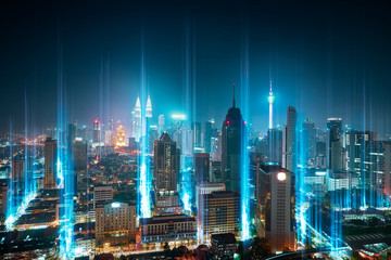 The network light came out from the ground ,modern city with wireless network connection concept ,...