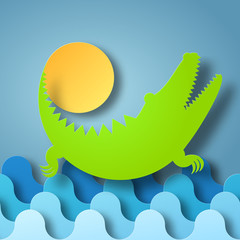 Fototapeta premium Vector illustration box of shadow Crocodile plays with the Sun in water