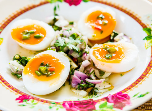medium-boiled eggs with salad
