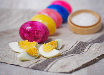 Easter eggs on wooden background. Happy easter.