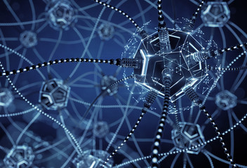 Artificial Neural Network. Neural nodes, connected together with a synaptic links in electronic cyberspace. 3D rendering image on the subject of 'Artificial Intelligence'.