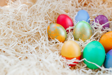 Naklejka na ściany i meble Easter colored eggs on the hay