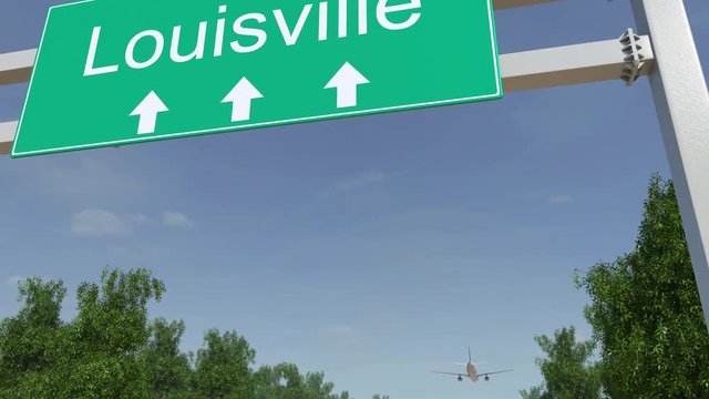 Airplane arriving to Louisville airport. Travelling to United States conceptual 4K animation