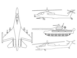 Fighter aircraft, tank, helicopter outline. Military equipment set icon. Vector illustration