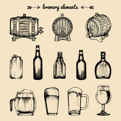 Vector set of vintage brewery elements. Retro collection with beer icons. Lager, ale barrels, bottles etc illustrations.