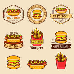Vector vintage fast food logos set. Retro eating signs collection. Bistro, snack bar, street restaurant icons.
