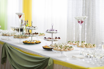 Delicious snacks on buffet table