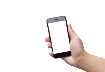Hand holding black mobile smartphone blank white screen isolated on white background
