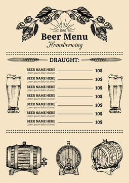 Beer menu design template.Vector pub, restaurant card with hand sketched lager,ale illustrations. Brewery elements icons