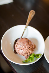 Chocolate ice cream without syrup on the white plate.ice cream scoop.Vertical photo