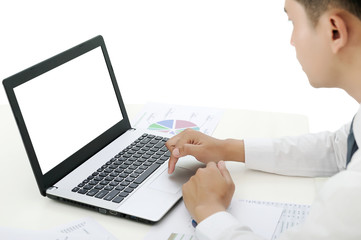 business man working at office with laptop and documents on white background