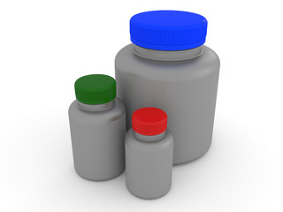 3d illustration of a set of jars for medicines with color covers on a white background.