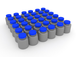 3d illustration of many cans of medicines with blue caps on a white background.