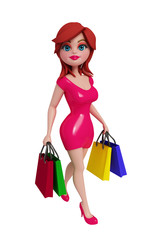 3d girl walking with shopping bag.