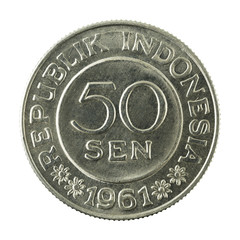 50 indonesian sen coin (1961) obverse isolated on white background