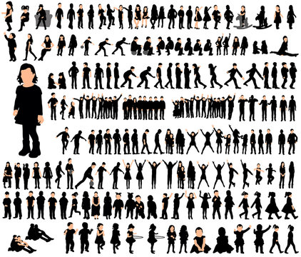 Collection of children silhouettes boys and girls set,