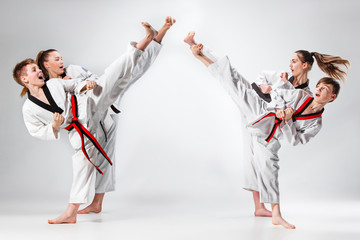 The studio shot of group of kids training karate martial arts